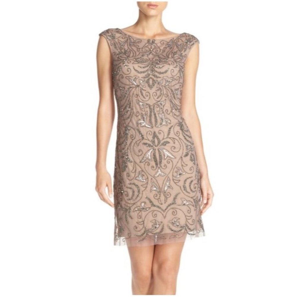 NWT Adrianna Papell Petite Mesh Beaded Sheath Dress